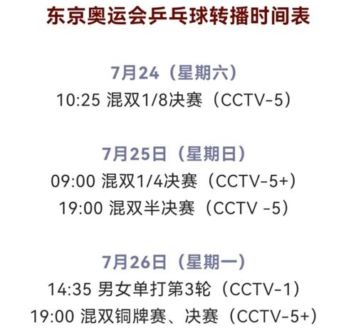 CCTV5东京奥运会乒乓球直播时间