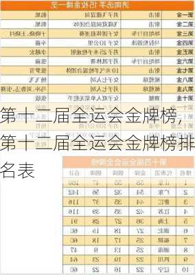 第十二届全运会金牌榜,第十二届全运会金牌榜排名表