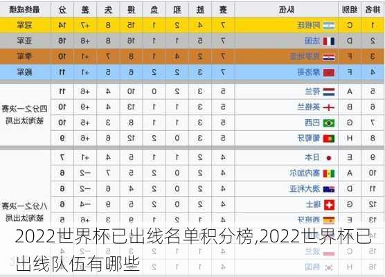 2022世界杯已出线名单积分榜,2022世界杯已出线队伍有哪些