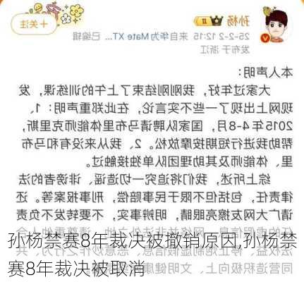 孙杨禁赛8年裁决被撤销原因,孙杨禁赛8年裁决被取消