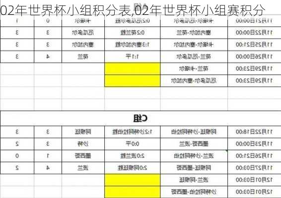 02年世界杯小组积分表,02年世界杯小组赛积分