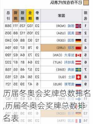 历届冬奥会奖牌总数排名,历届冬奥会奖牌总数排名表