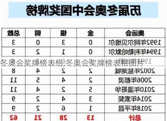 冬奥会奖牌榜表格,冬奥会奖牌榜表格图片